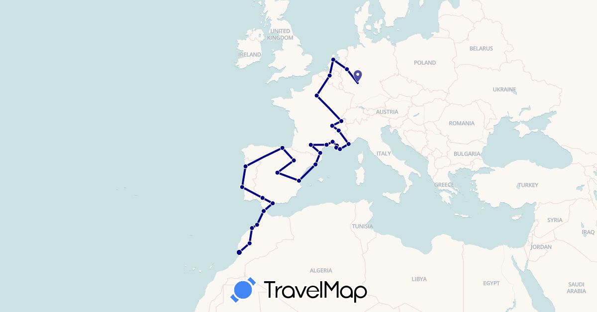 TravelMap itinerary: driving in Belgium, Switzerland, Germany, Spain, France, Morocco, Netherlands, Portugal (Africa, Europe)